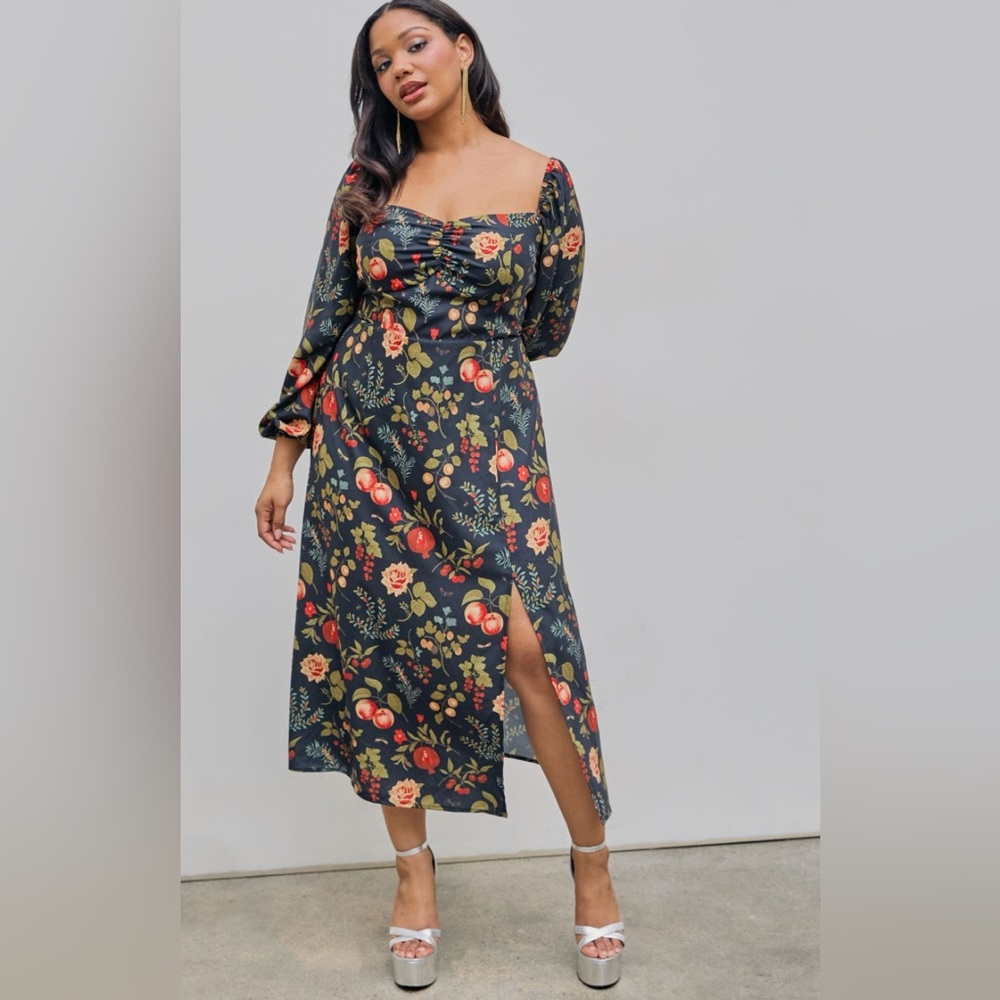 Square Neck Floral Split Midi Dress Curve & Plus